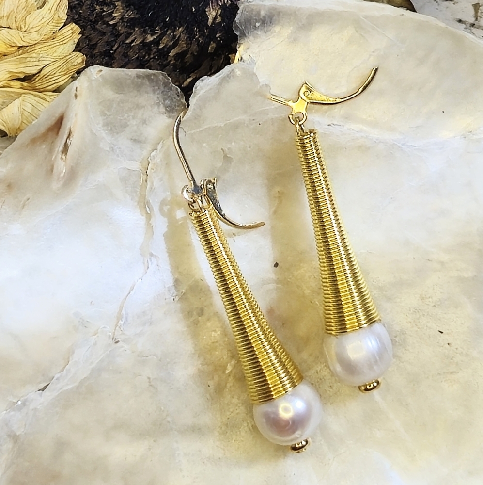White Baroque Pearls In Long Golden 14K Gold Plated Earrings